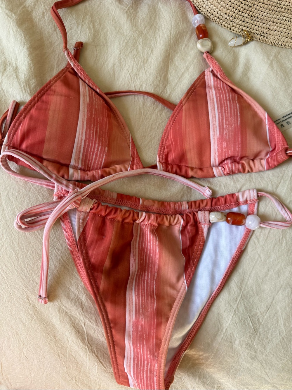 COMMENSE Coral Watercolor Stripe Beaded Triangle Bikini Set S - Picture 2 of 7